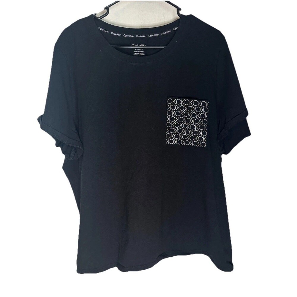 Calvin Klein Women's Black T-shirt with‎ Rhinestones Front Pocket Size 2X